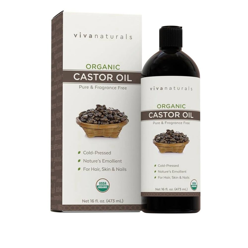 Viva Naturals Organic Castor Oil, Cold-Pressed, 16 Fl Oz – for Face, Hair, Eyela